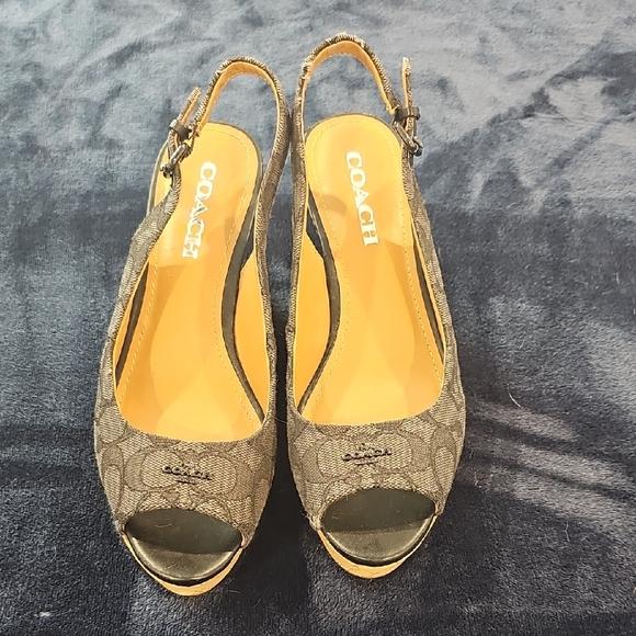 Coach Black and Tan Wedge Slingback Peep-Toe - Picture 2 of 7